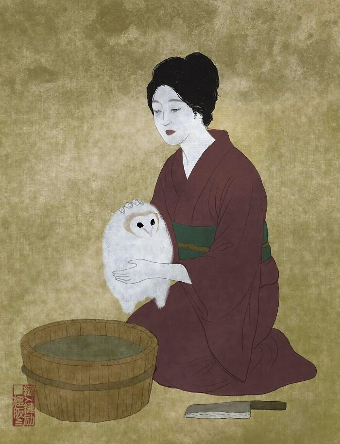 Japanese artist using traditional painting styles depicts woman in kimono holding owl next to wooden bucket and knife on floor.
