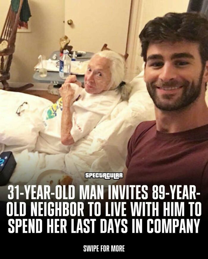 Young man smiling beside elderly woman in bed, sharing a wholesome moment to brighten your feed with adorable posts.