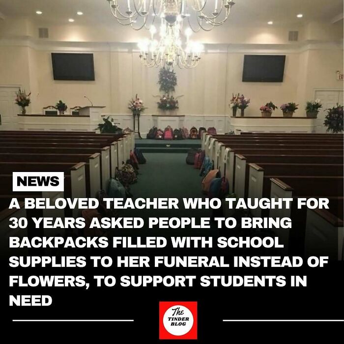 Empty church pews with backpacks arranged at the front, symbolizing adorable and wholesome posts supporting students in need.