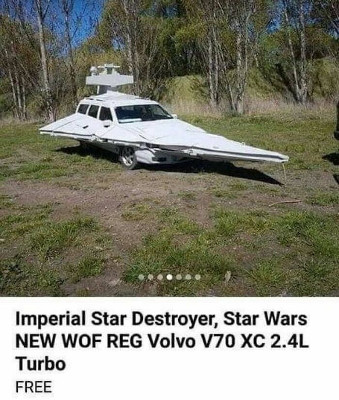 Car modified to look like an Imperial Star Destroyer, humorous unhinged meme for late night posts that hit different at 3AM.