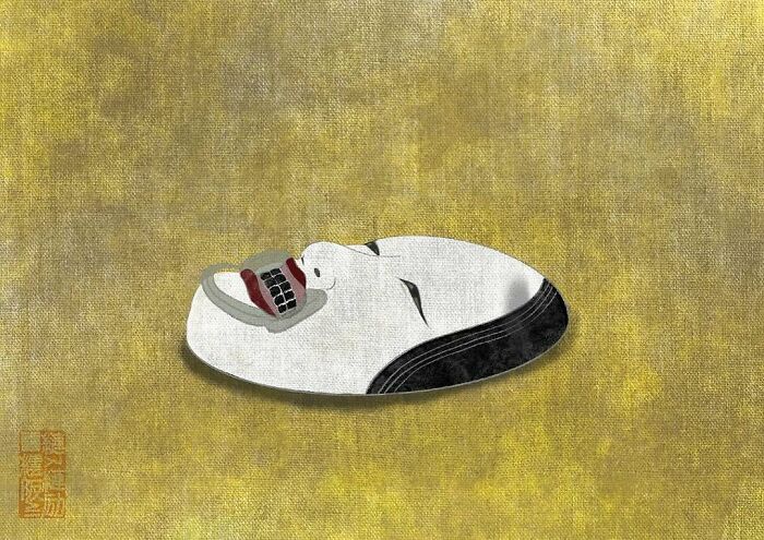 Traditional Japanese painting style artwork depicting a white mask with black hair and red lips on a textured background.