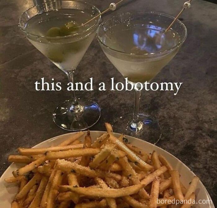 Plate of fries with two martinis on a table, meme text referencing late night posts that hit different at 3AM.