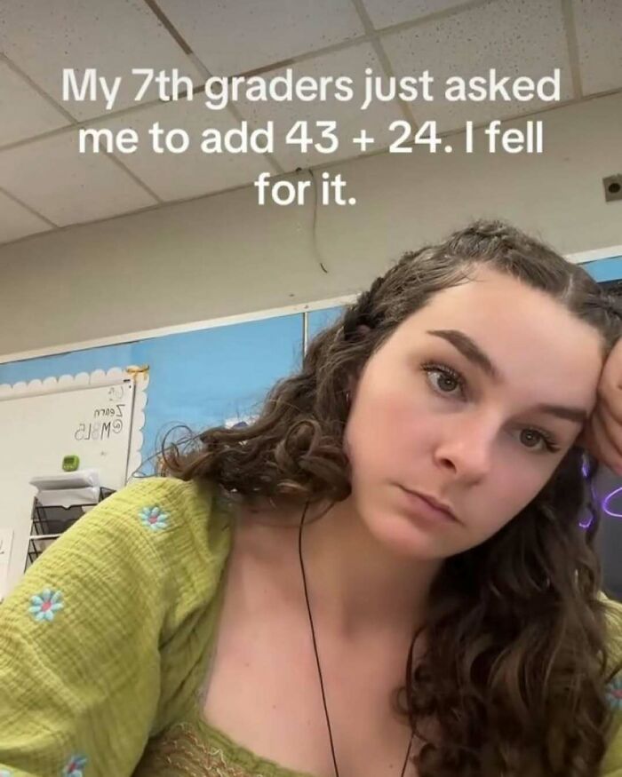 Tired young woman in classroom meme about surviving on last brain cell at 3AM with unhinged humor.