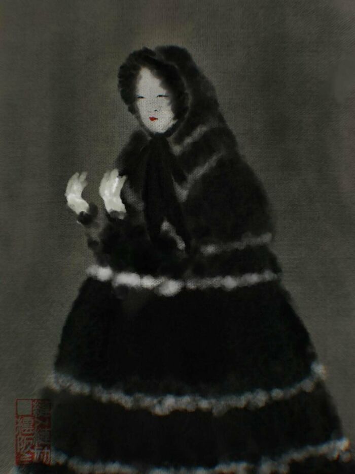 Japanese artist painting of a figure in traditional attire using modern styles with dark, soft brush strokes and muted colors.