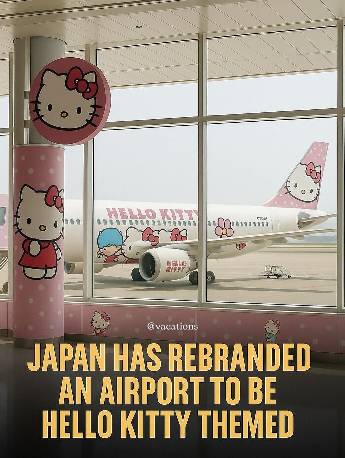 Hello Kitty themed airplane and airport decor featuring adorable and wholesome posts to brighten your feed.