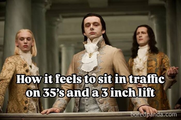 Scene from a period drama with three men in ornate outfits illustrating driving memes about traffic frustration and road rage.