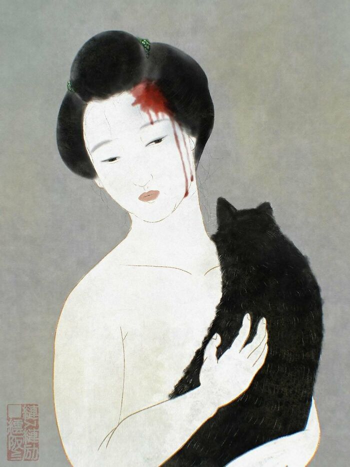 Japanese artist painting in traditional style depicts woman with blood on forehead holding a black cat in a modern interpretation.