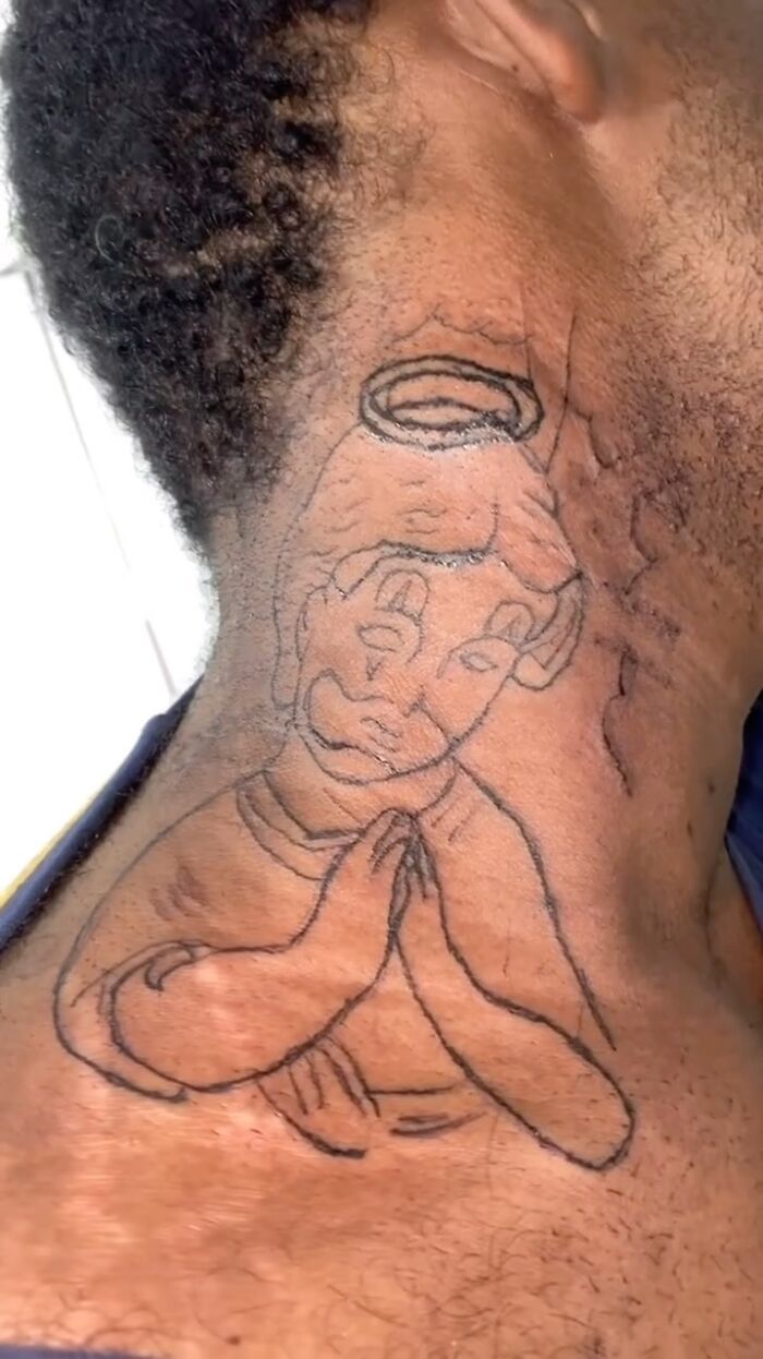 Outline tattoo of a praying angel with a halo on the side neck, part of a collection of awful tattoos and bad decisions.