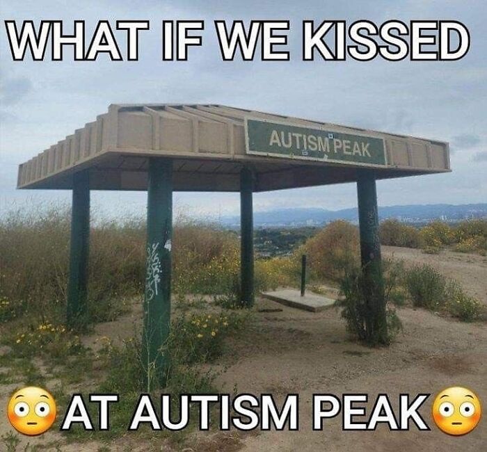 Meme showing a roadside sign labeled Autism Peak with the text asking what if we kissed at Autism Peak.