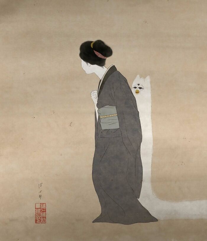Japanese artist painting of a woman in traditional kimono with a ghostly white creature in traditional painting style.