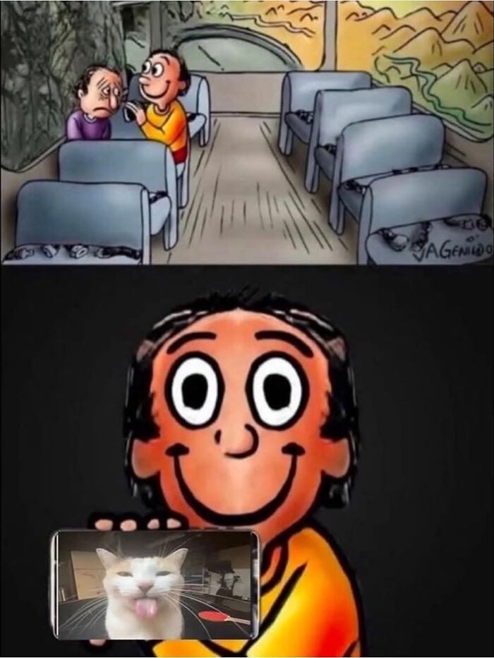 Cartoon of a person on a bus showing a goofy cat photo on their phone, capturing cats completely unaware of how goofy they are.
