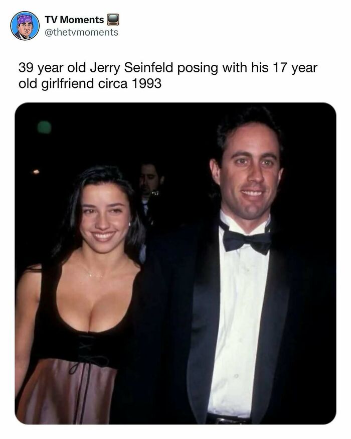 Jerry Seinfeld and his girlfriend posing together in a formal setting, featured in funny and relatable TV memes.