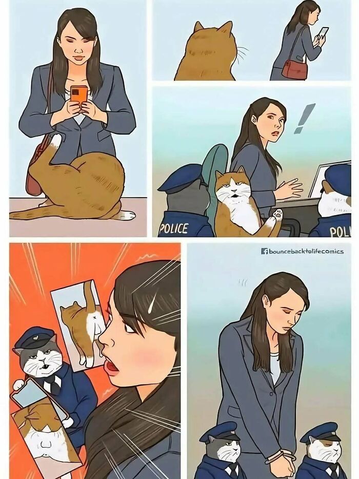 Woman detained by cat police officers in a funny cat meme comic showing a cat’s paw blocking her phone.