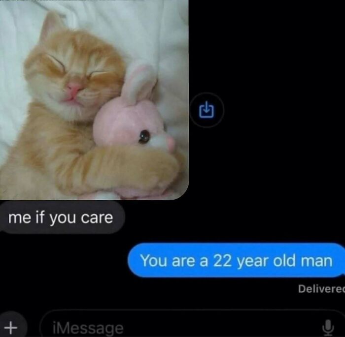 Sleeping orange kitten hugging a pink stuffed bunny, a cute and funny cat meme to brighten your day.