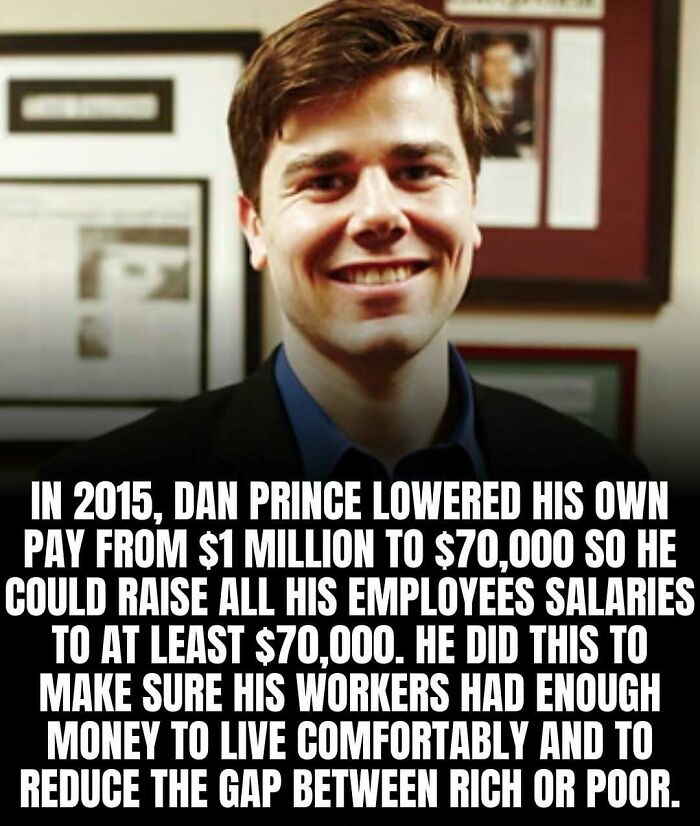Smiling man with text about Dan Prince lowering his pay to raise employee salaries, showcasing adorable and wholesome posts.