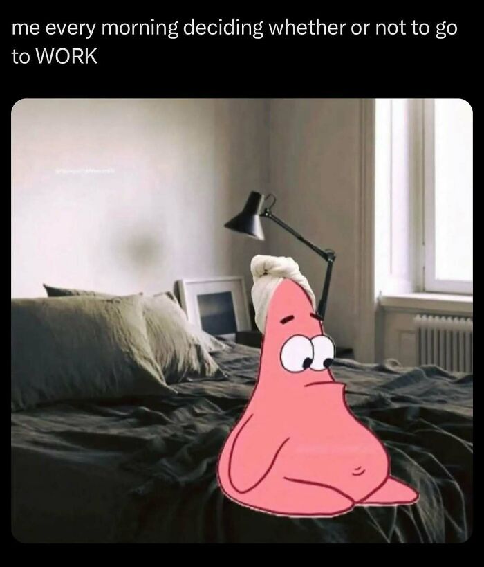 Patrick Star cartoon character sitting on a bed in a bedroom, illustrating a daily serotonin boost moment.