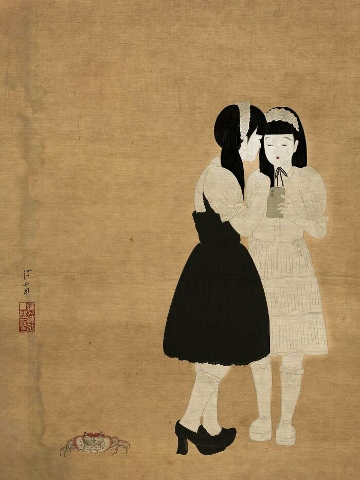 Two girls dressed in traditional style outfits, one holding a smartphone, in a Japanese painting style artwork.