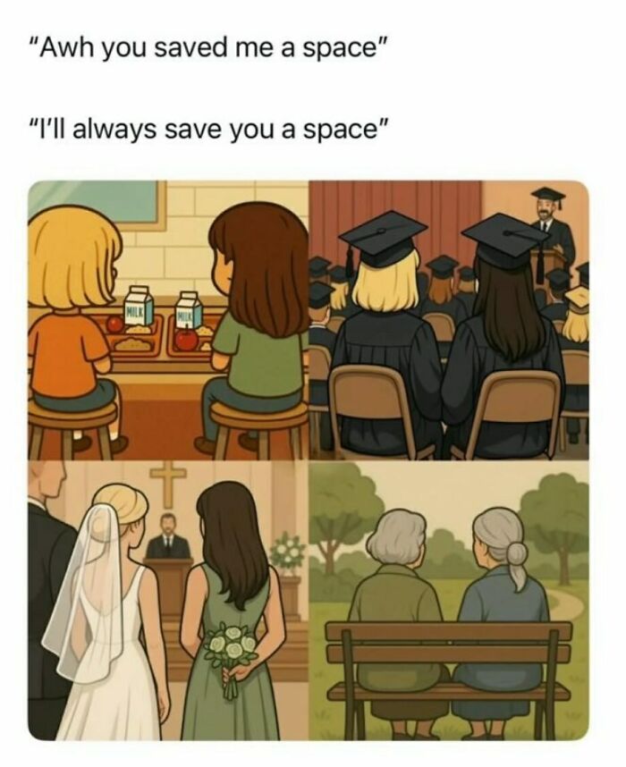 Illustration of lifelong friendship moments from school to graduation, wedding, and old age, giving you a daily serotonin boost.