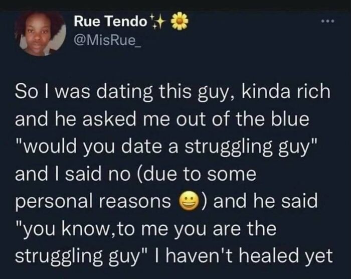 Social media text post about dating struggles and emotional healing, offering a serotonin boost through relatable content.