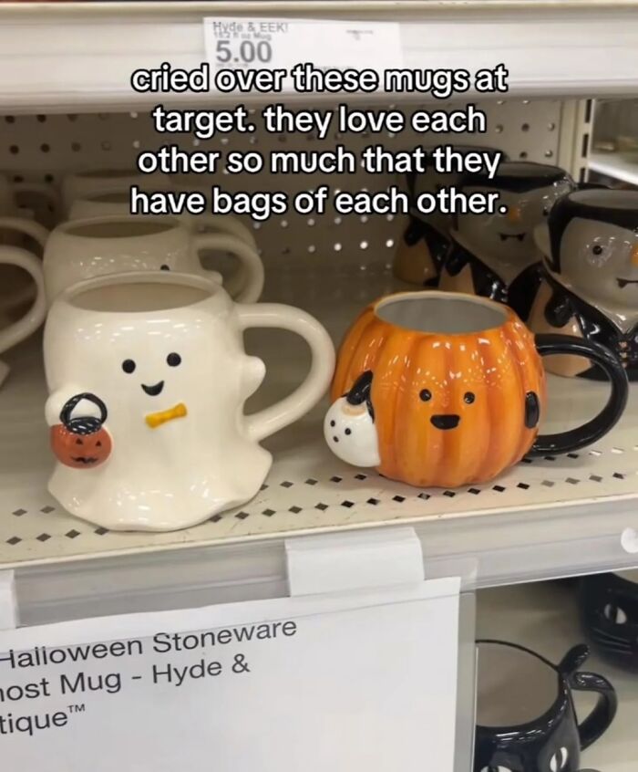 Cute Halloween ghost and pumpkin mugs on a store shelf, perfect for a daily serotonin boost with festive vibes.
