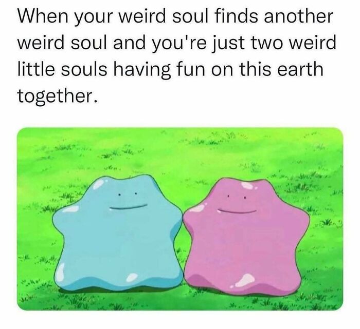 Two cute blob-like characters on grass representing weird souls having fun, perfect for serotonin boost images.