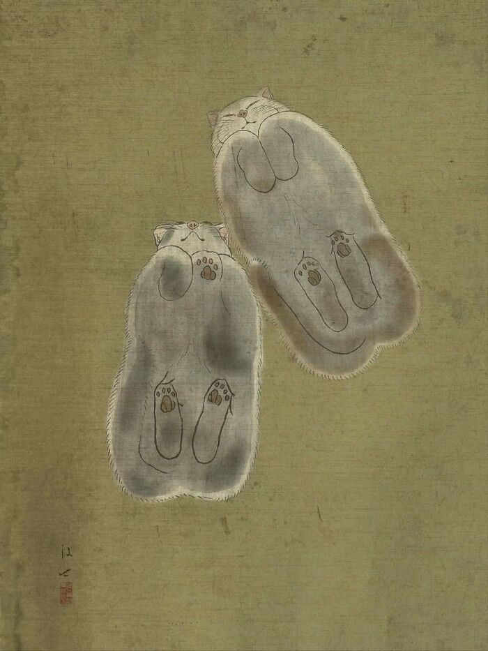Two cats lying on their backs, depicted in traditional Japanese painting style with modern artistic touches.