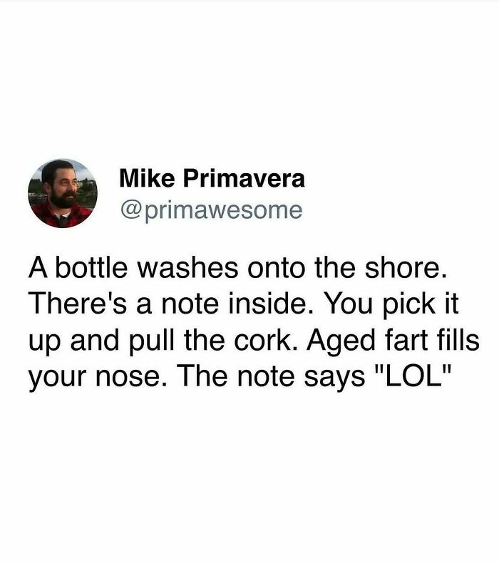 Tweet by Mike Primavera @primaawesome with a hilarious joke, part of prime awesome tweets collection.