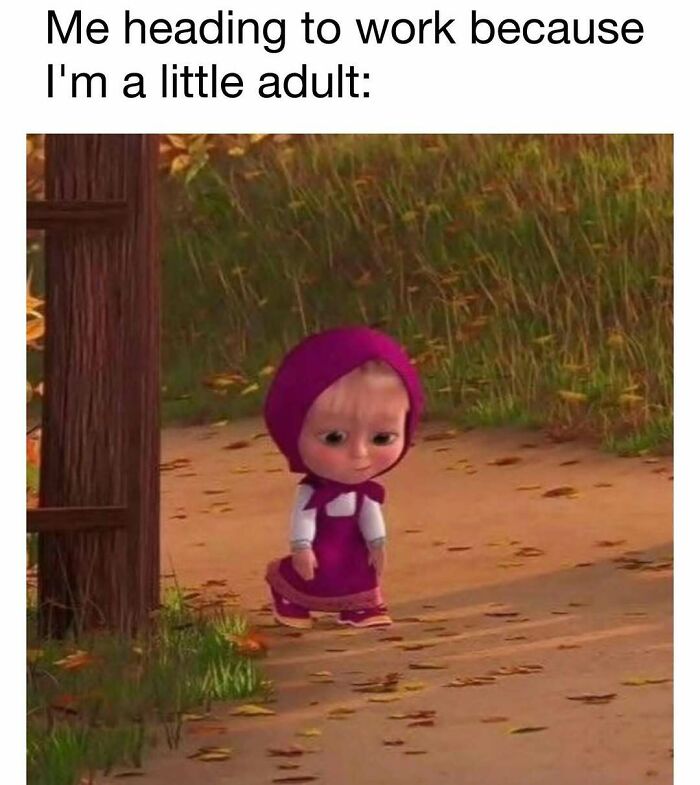 Cute animated character looking tired and hesitant while walking, relatable daily serotonin boost visual humor.