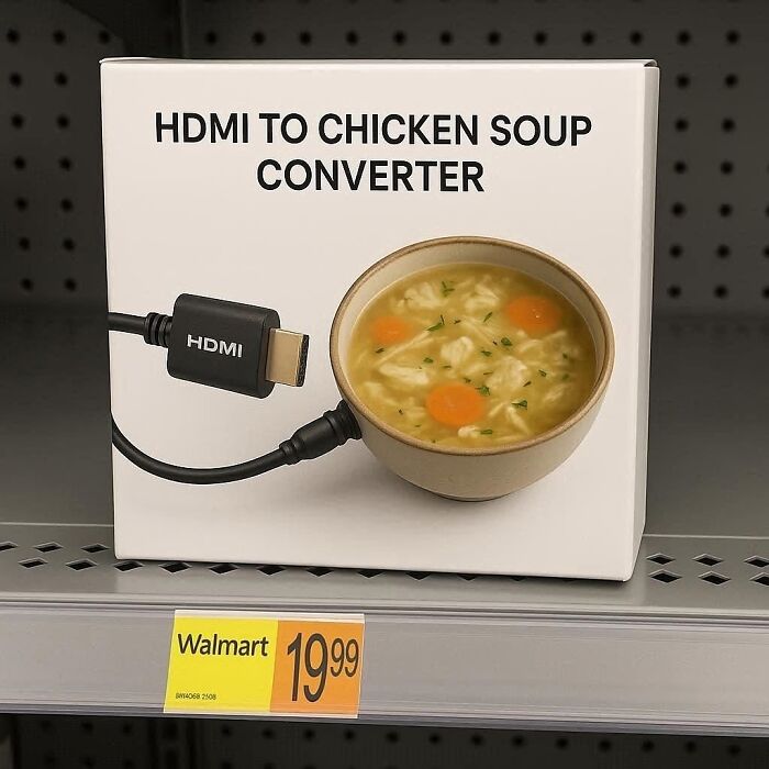 Box labeled HDMI to chicken soup converter with HDMI cable connected to bowl of chicken soup on store shelf.
