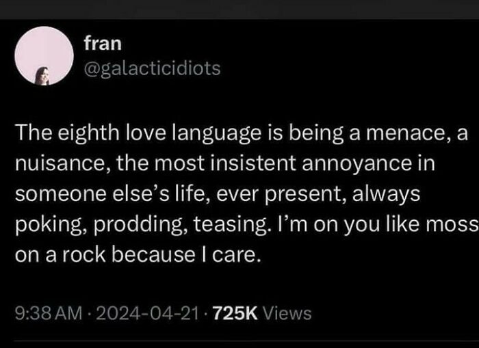 Tweet about the eighth love language described as playful annoyance, teasing, and persistent care to boost daily serotonin.