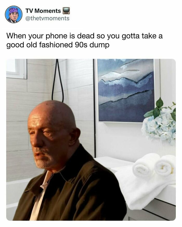 Meme showing a man sitting in a bathroom with text about a 90s style bathroom break, related to TV memes humor.