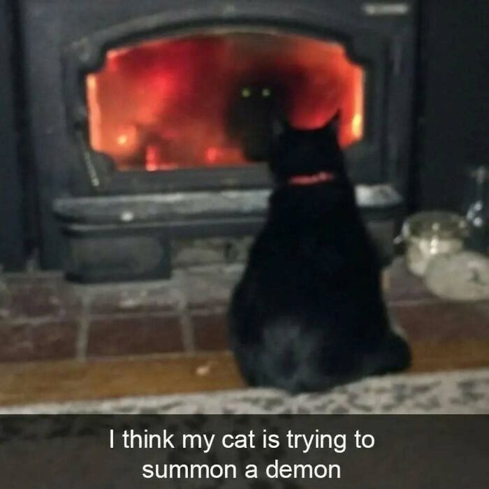 Black cat sitting in front of a fireplace with glowing eyes, captioned with a funny cat meme about demons.