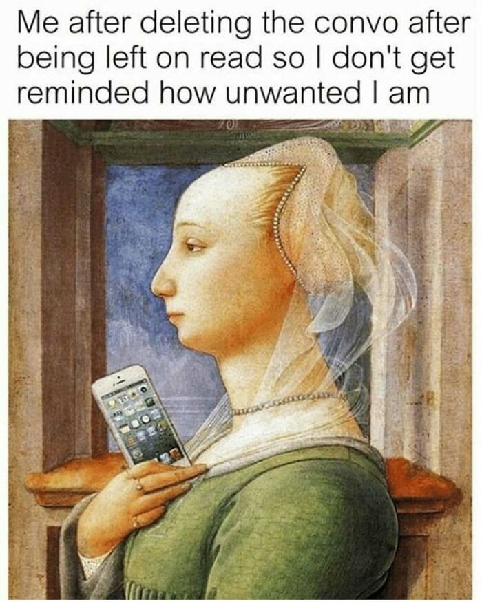 Woman in Renaissance attire holding a smartphone with a text about deleting conversations, serotonin boost humor.