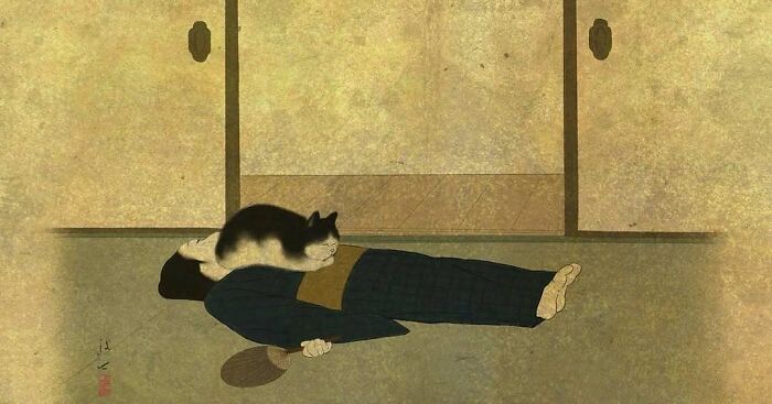 Traditional Japanese painting style depicting a person lying on the floor with a cat resting on their back.