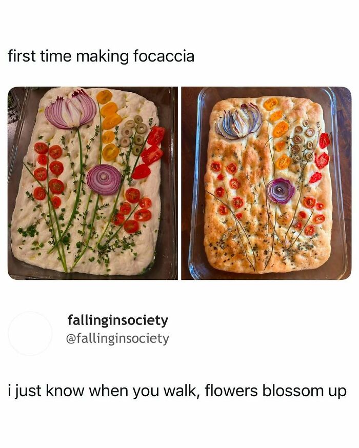 First time making focaccia with flower design using vegetables, a creative serotonin boost through food art.