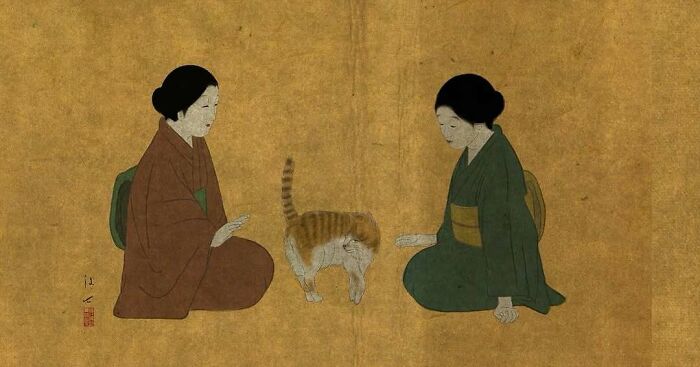Traditional Japanese painting style showing two women in kimonos sitting with an orange tabby cat on a gold background.