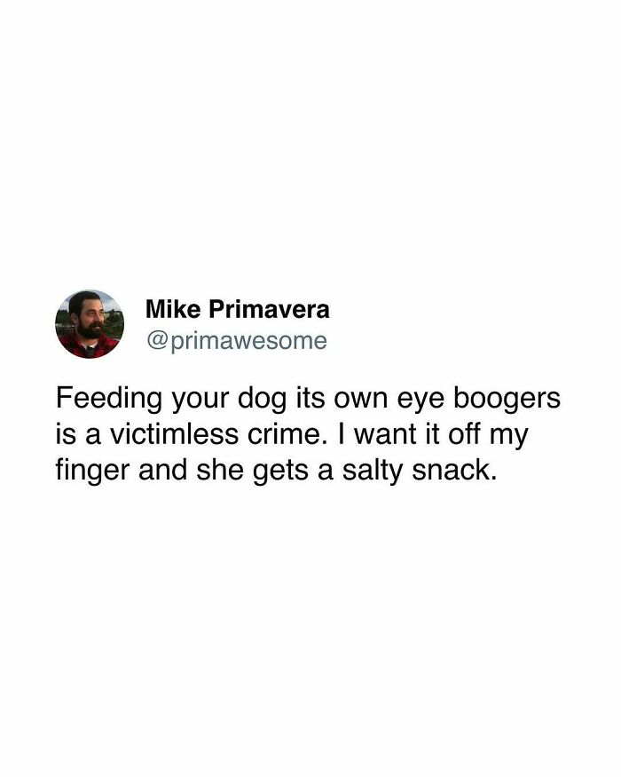 Tweet by Mike Primavera humorously calling feeding your dog its own eye boogers a victimless crime in prime awesome tweets.