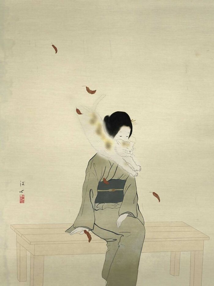 Traditional Japanese painting style artwork of a woman in kimono with a cat leaping across her shoulders and falling leaves.