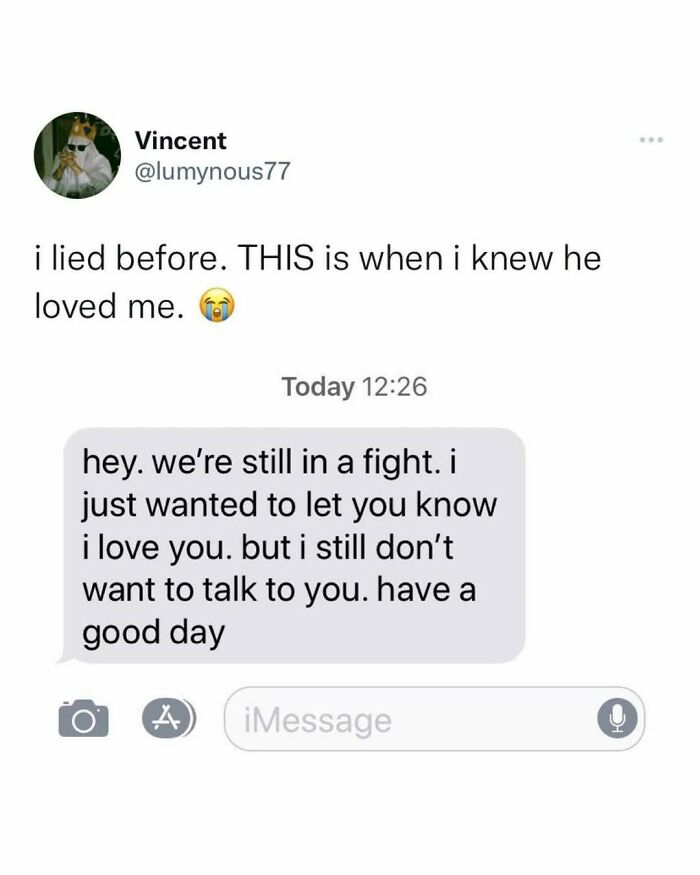 Text message screenshot showing a fight message with love expressed, included in serotonin boost pics collection.