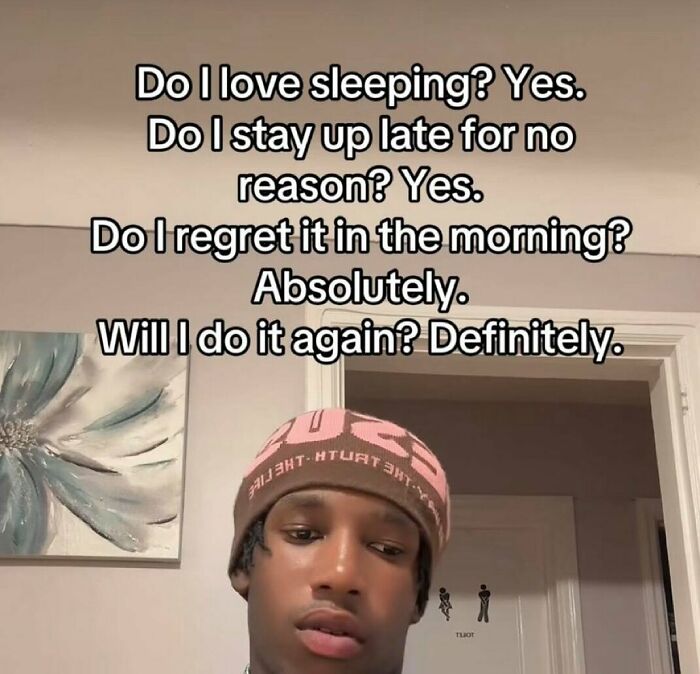 Young man in a beanie sharing a humorous quote about sleeping, perfect for a daily serotonin boost.