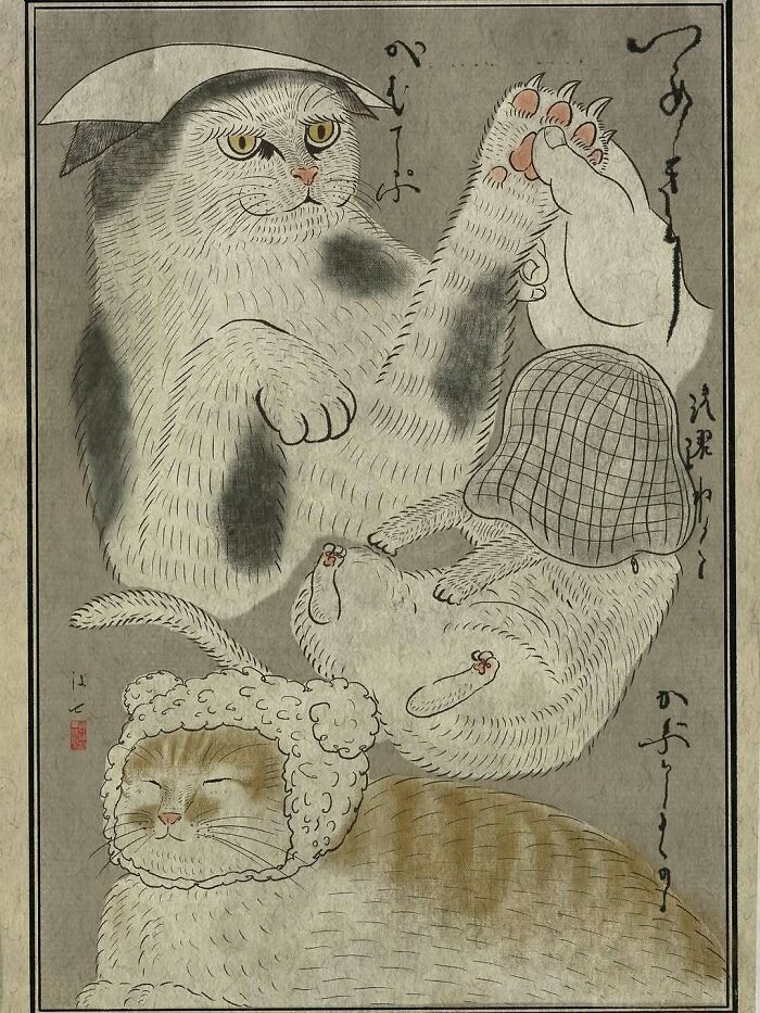 Japanese artist’s traditional painting style showing cats in playful, modern compositions with detailed fur and expressive poses.