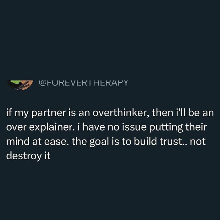 Text post about managing overthinking in relationships to build trust, offering a serotonin boost through positive mindset.