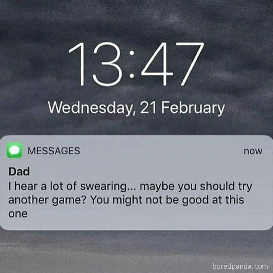 Text message from dad advising to try another game due to swearing, illustrating common dad jokes and memes humor.