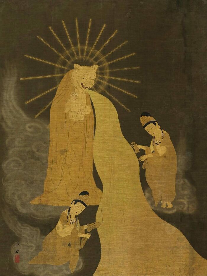 Traditional Japanese painting style depicting mystical figures with flowing robes and a radiant animal-headed deity.