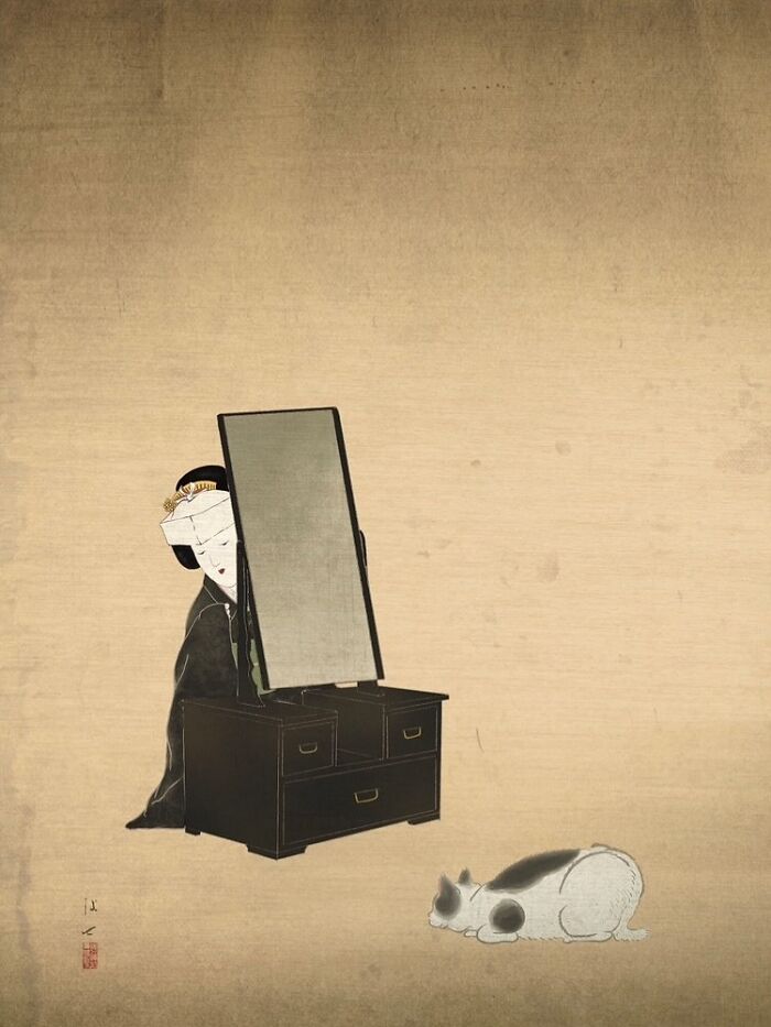 Japanese artist painting in traditional style depicts woman behind mirror and a resting cat on textured background.