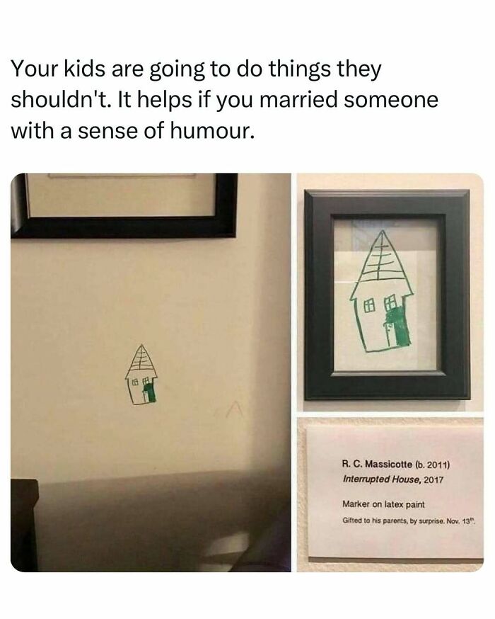 Child's drawing on wall framed as art, humorously titled Interrupted House, providing a daily serotonin boost.