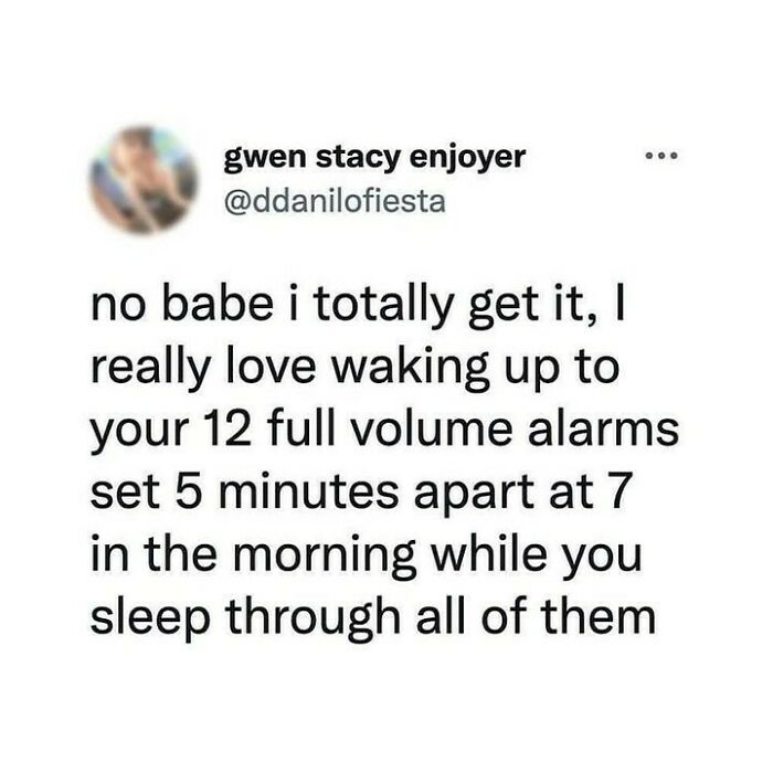 Text post humor about waking up to multiple alarms set five minutes apart, for a daily serotonin boost.