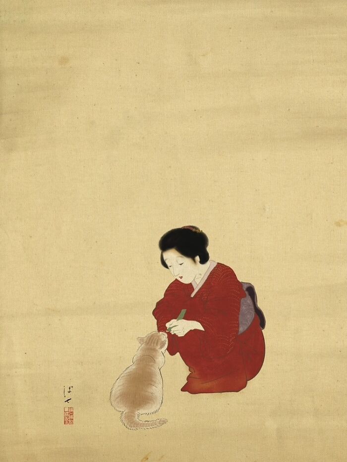 Traditional Japanese painting style artwork of a woman in red kimono interacting with a cat on beige textured background.