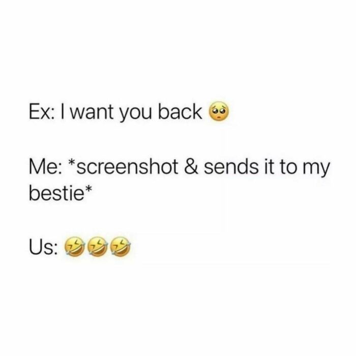 Text meme about an ex wanting someone back, screenshotting it, and laughing with their bestie, for serotonin boost.