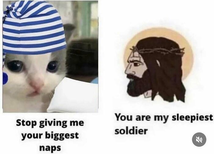 Cute cat meme with a kitten wearing a striped sleeping cap and a humorous text about naps and being sleepy soldier